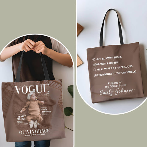 Personalized Vogue Style Baby Tote Bag – Custom Name & Photo Gift for Stylish Moms